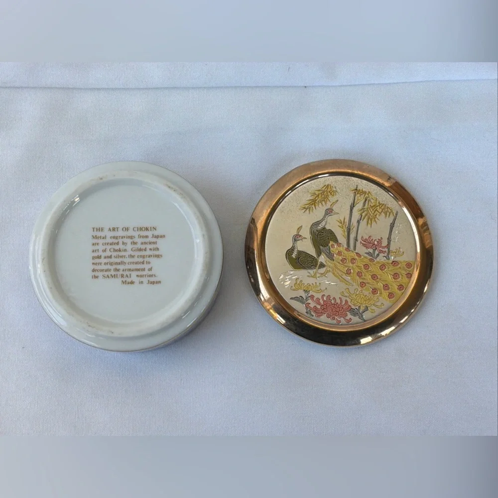 Vintage Art Of Chokin Colorful Japanese Peacocks Trinket Box /Plate